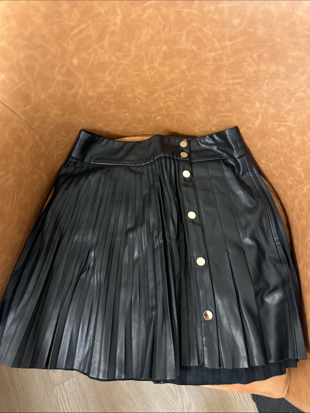 Zara Black Faux Leather Pleated Skater Skirt with Snap Buttons